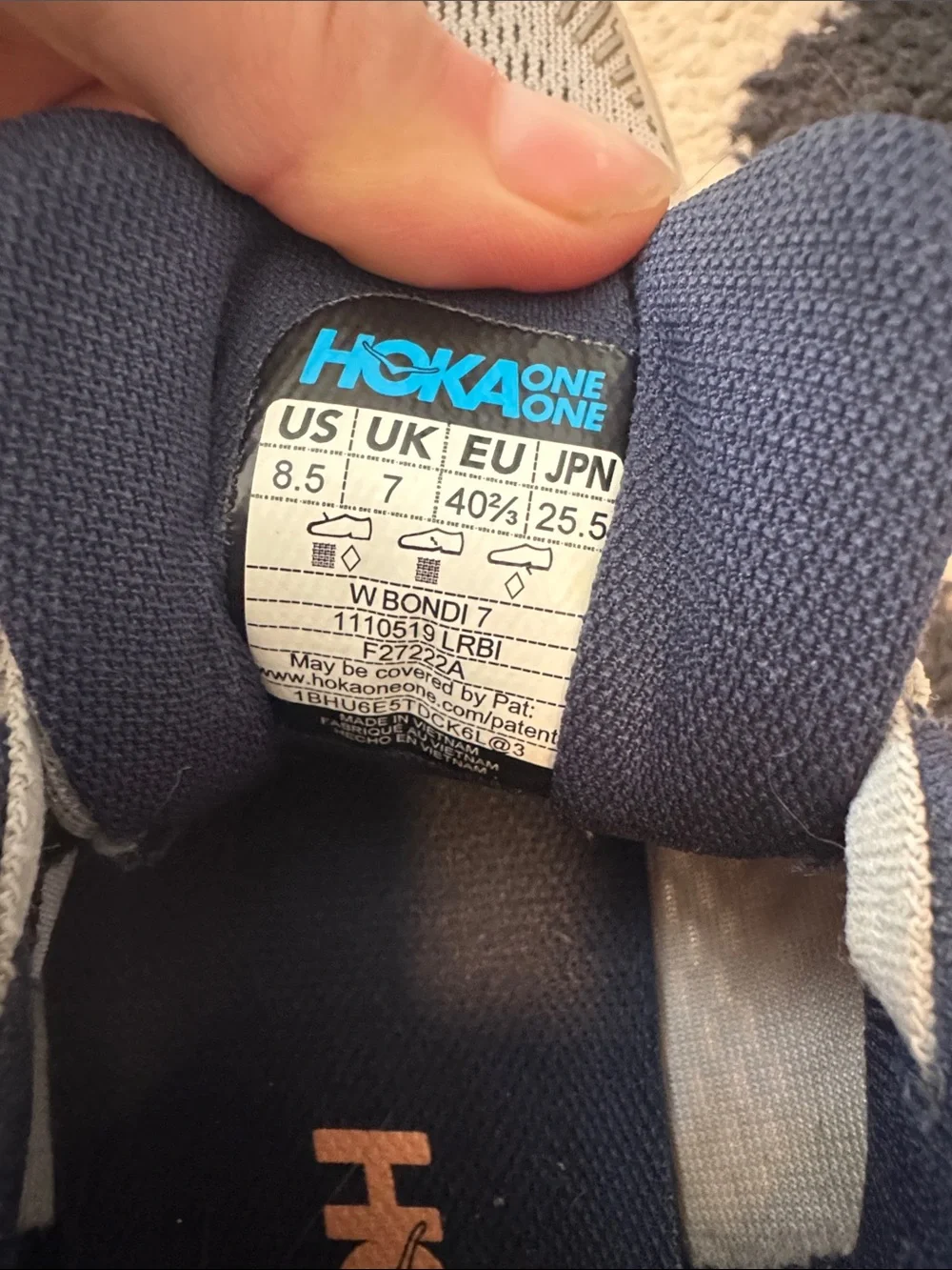 Hoka Bondi 7 running shoe- Gray and Navy with Orange Logo- size 8.5