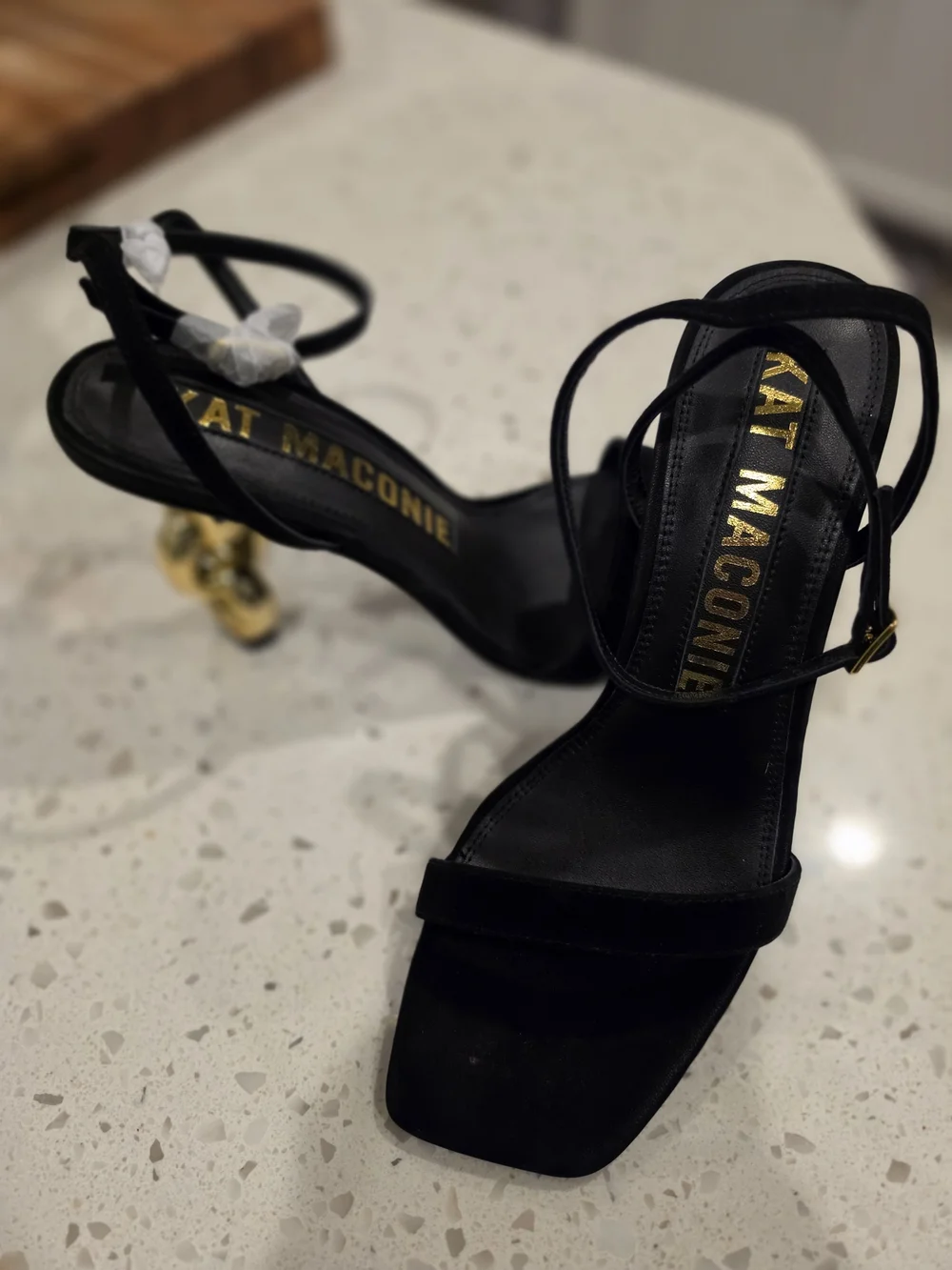 Kat Maconie Black Suede Sandals with Gold Sculpted Heel