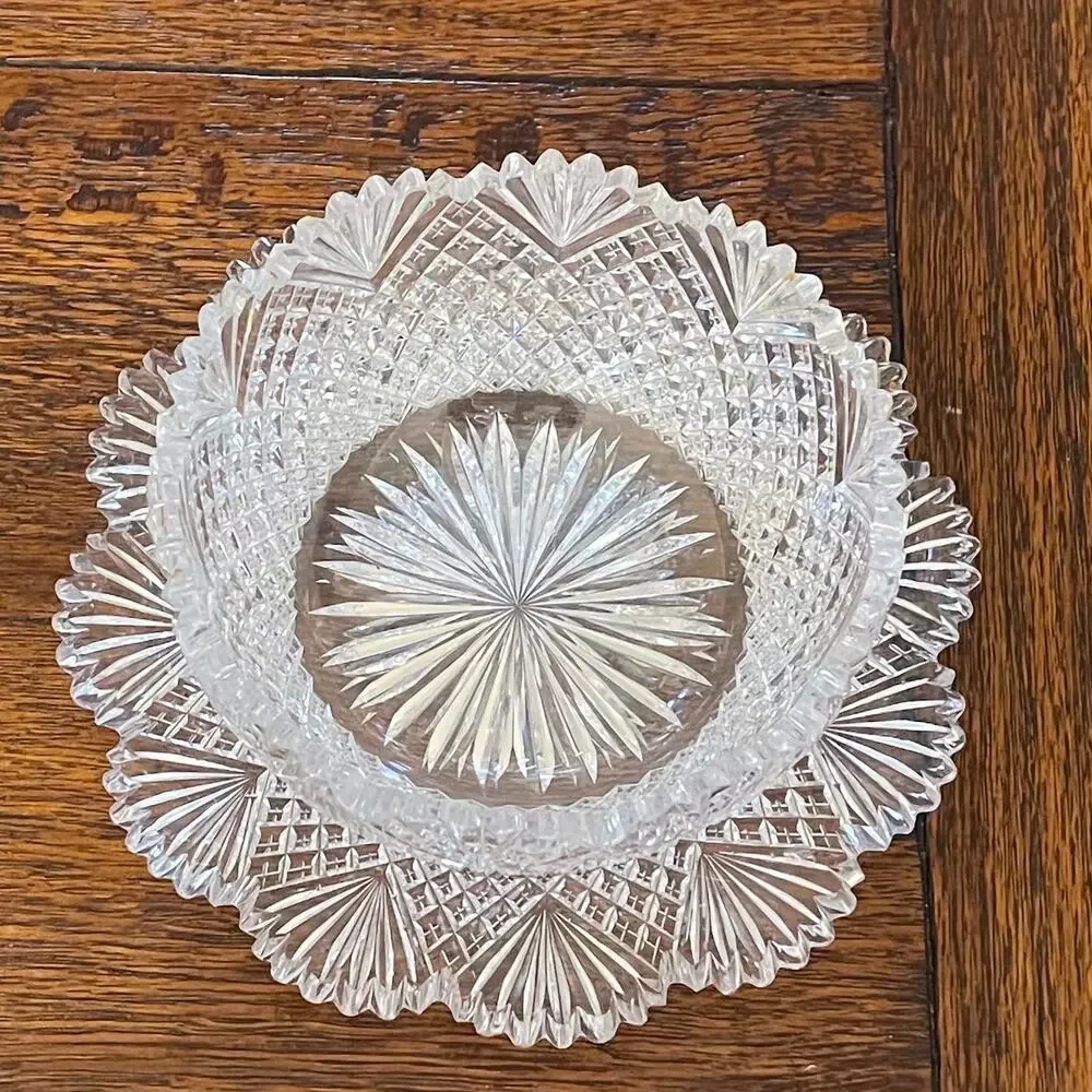 Vintage Etched Crystal Bowl and Plate, Sawtooth Scalloped Edge, Set of 2