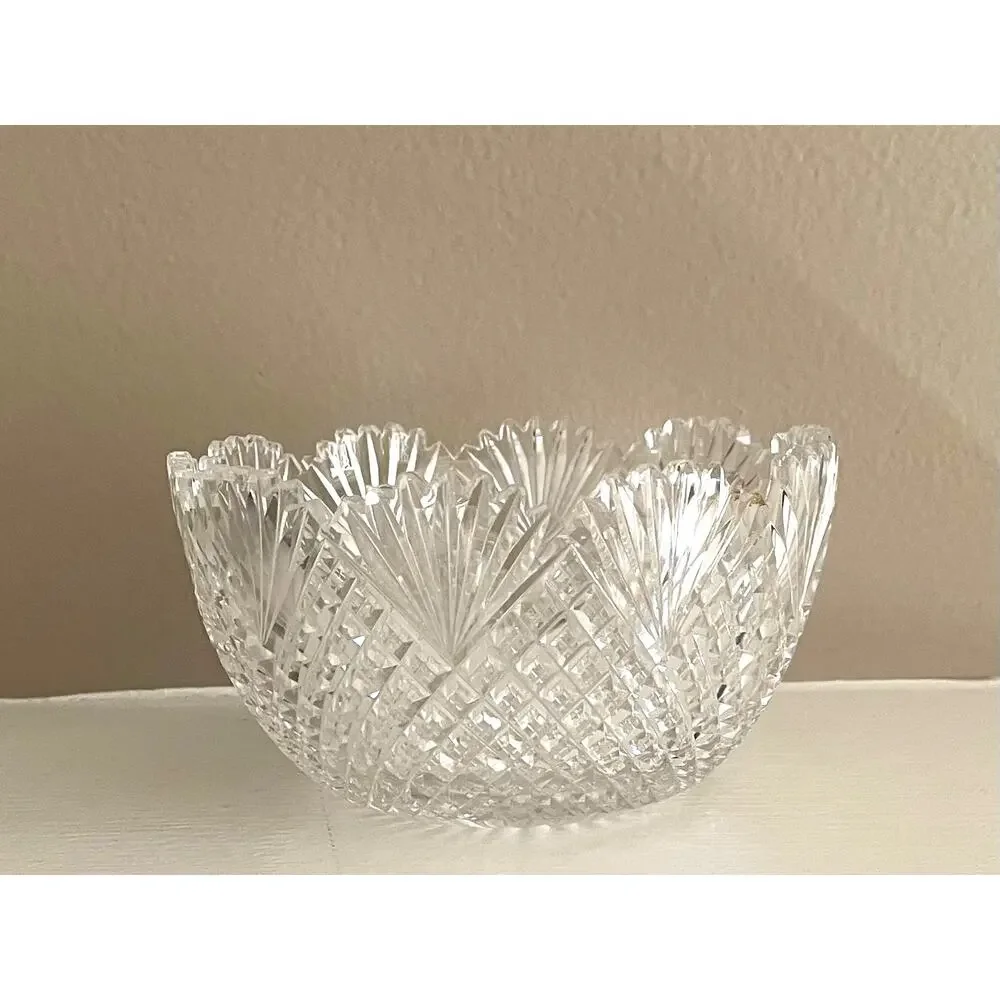 Vintage Etched Crystal Bowl and Plate, Sawtooth Scalloped Edge, Set of 2