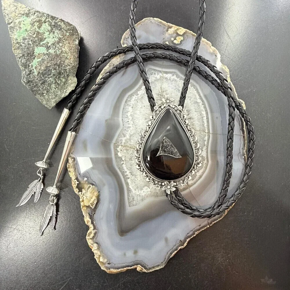 Sterling Silver Southwestern Style Teardrop Onyx Bolo Tie For Men