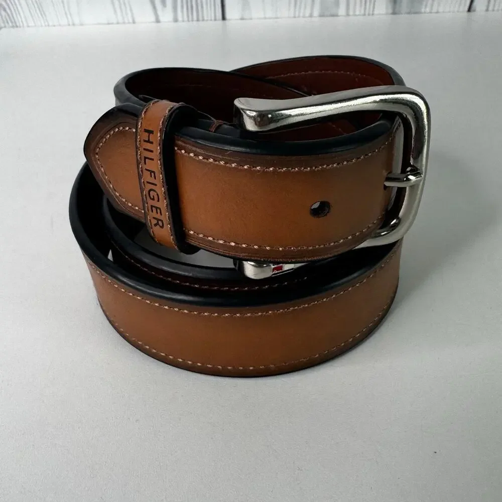 Tommy Hilfiger Brown Leather Belt Silver Buckle Logo Size 34