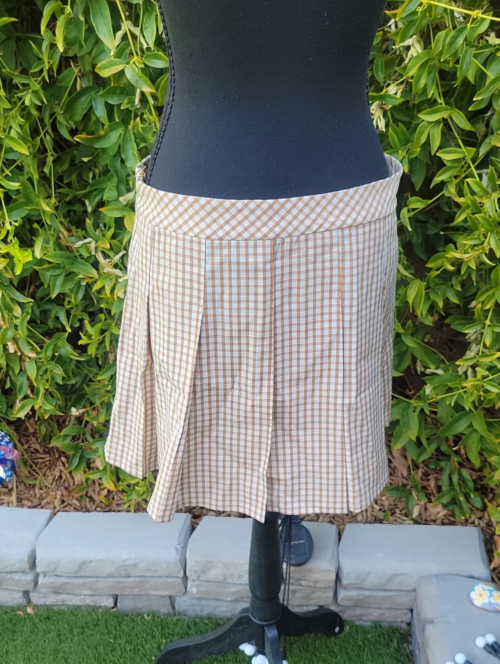 Elodie Checkered Plaid Tan Pleated Mini Skirt