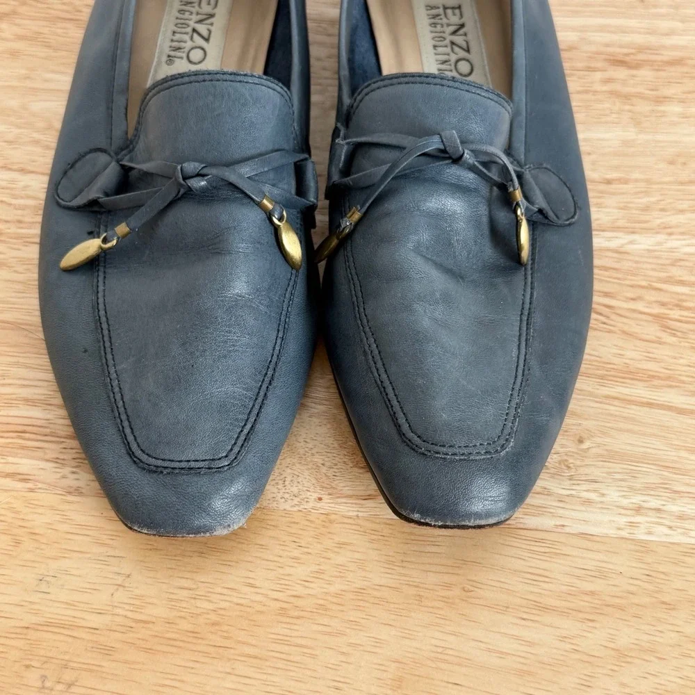 Enzo Angiolini Leather‎ Loafers 8N Blue Bow Square Toe Dark Academia Flats