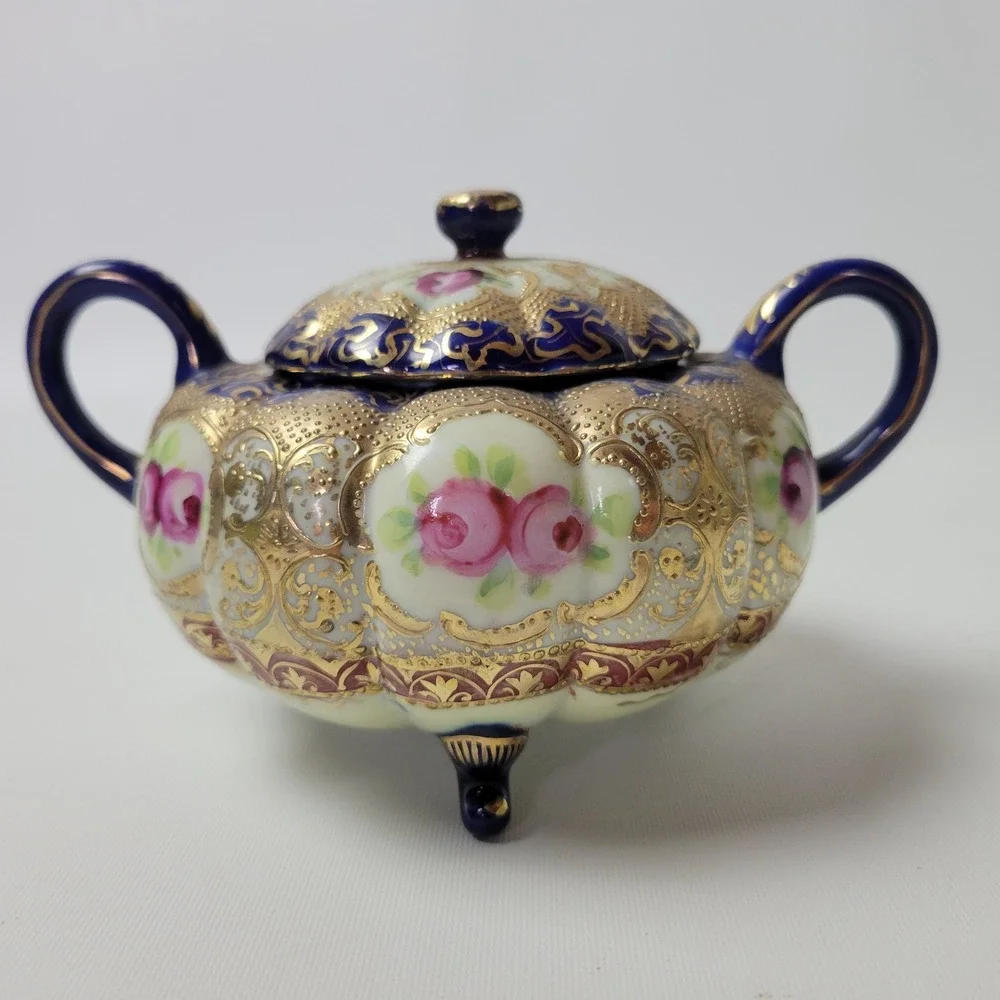 Antique Nippon Sugar Bowl Cobalt Blue Gold Moriage Hand Painted Roses Japan