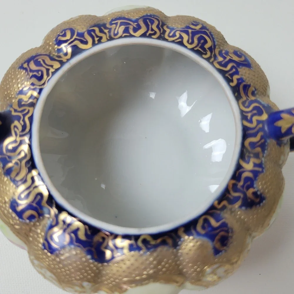 Antique Nippon Sugar Bowl Cobalt Blue Gold Moriage Hand Painted Roses Japan