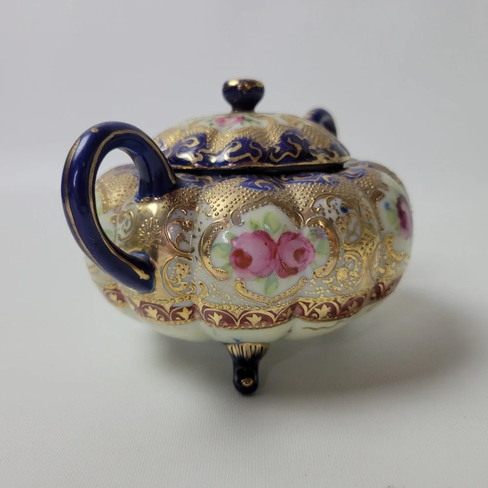 Antique Nippon Sugar Bowl Cobalt Blue Gold Moriage Hand Painted Roses Japan