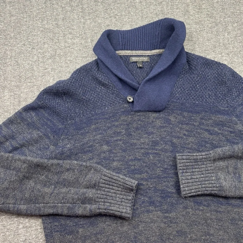 Banana Republic Italian Yarn Wool Blend Mens Sz L Sweater Shawl Preppy Blue Gray