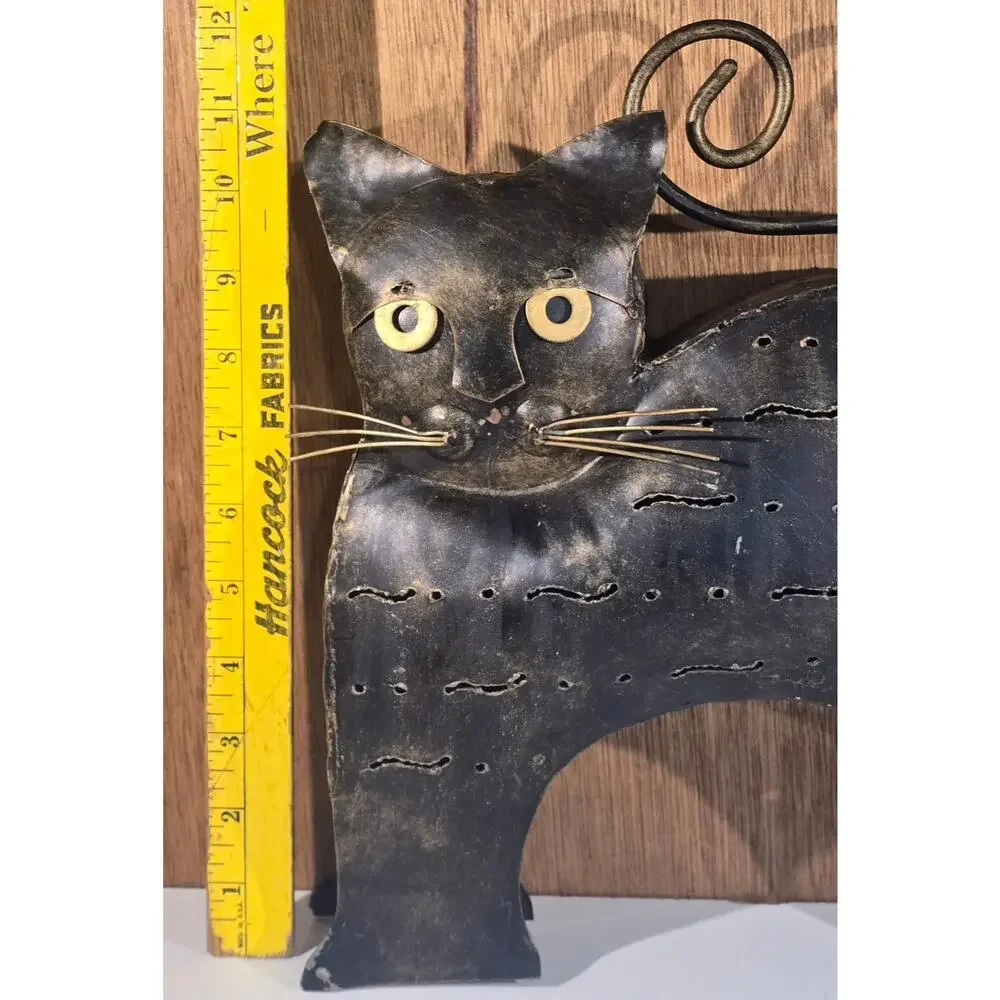 Metal Cat Candle Holder Lantern Black Gold Pierced Folk Art Indonesia 11