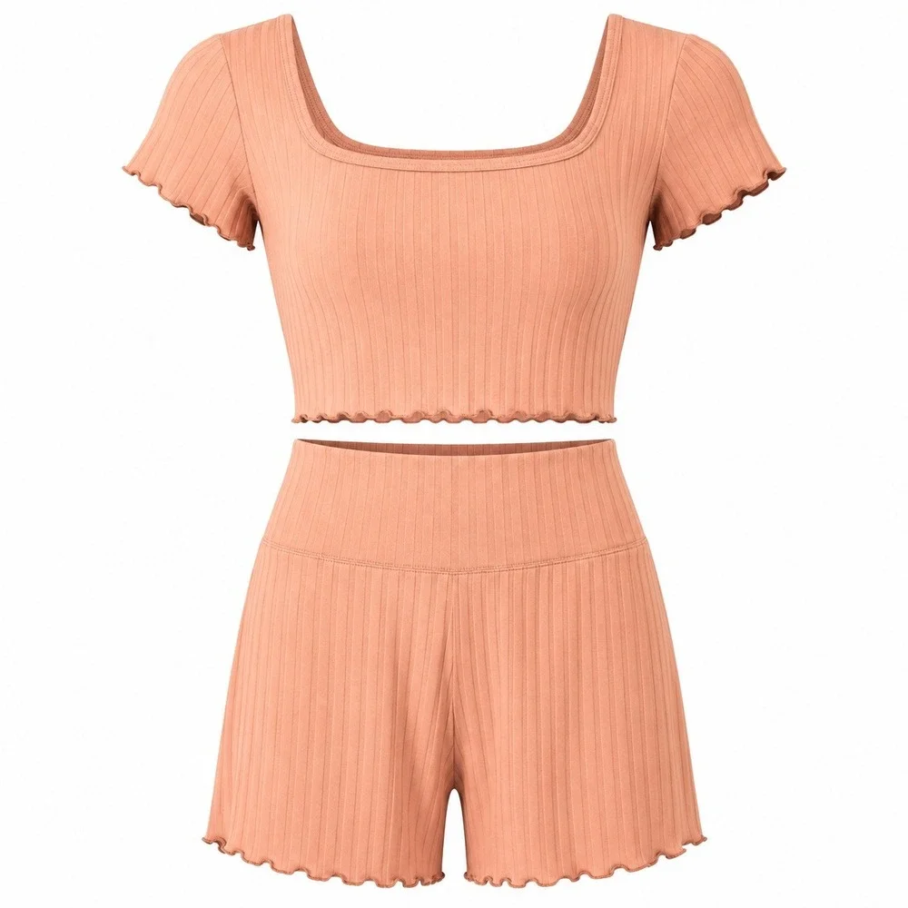 Aerie OFFLINE 2PC Set‎ S Mauve Ribbed Crop Top Biker Shorts Lettuce Athleisure