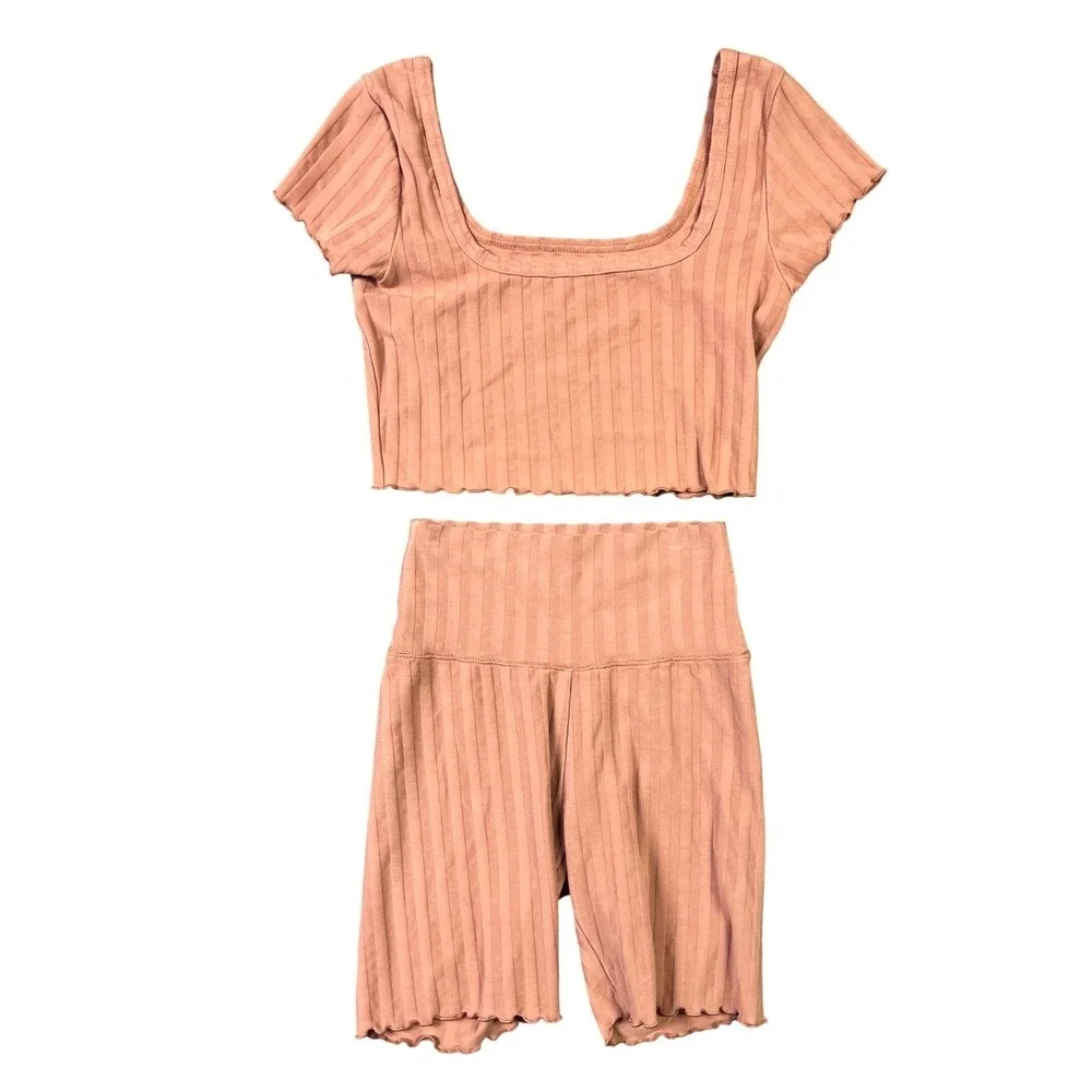 Aerie OFFLINE 2PC Set‎ S Mauve Ribbed Crop Top Biker Shorts Lettuce Athleisure