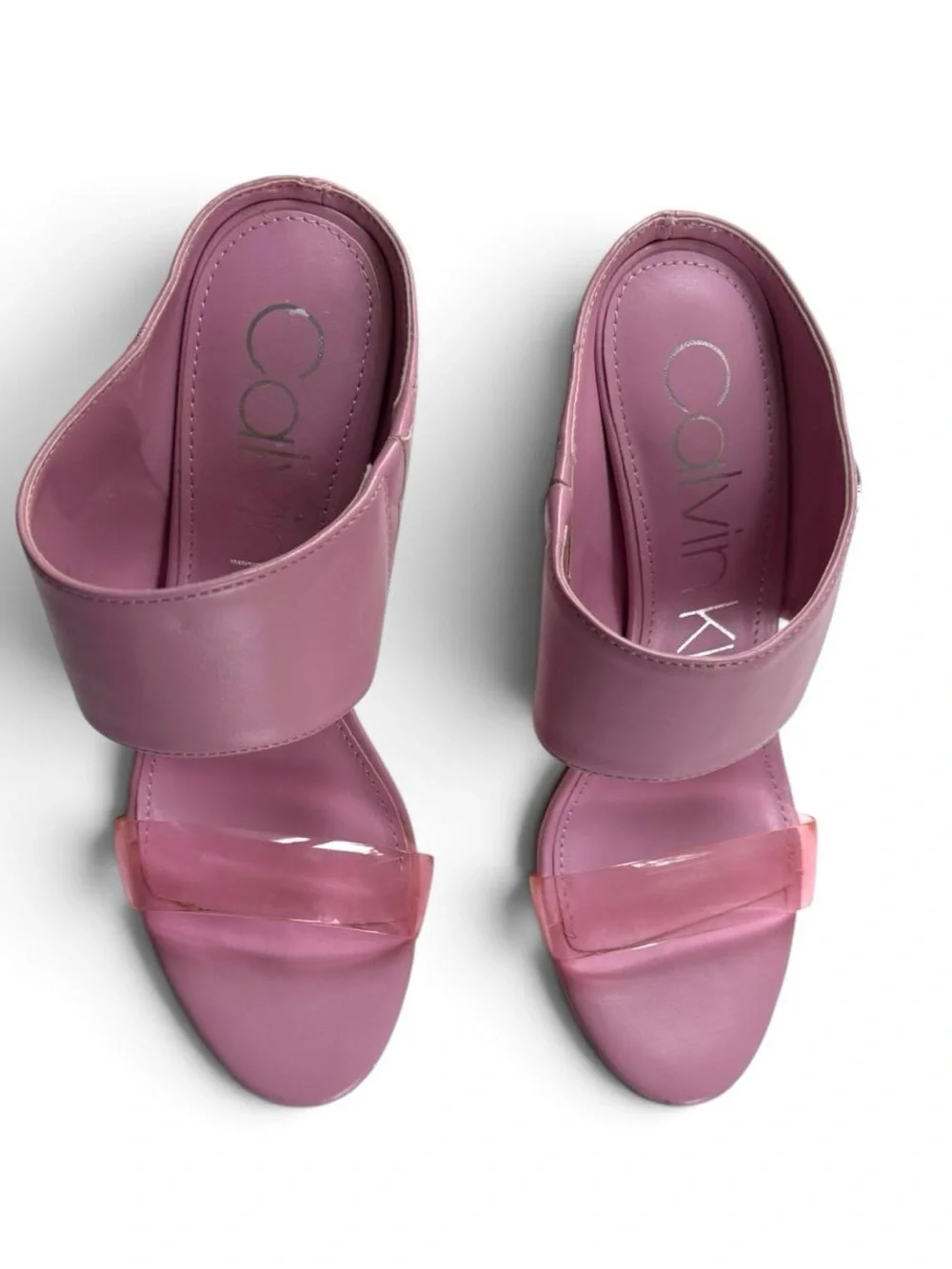 Calvin Klein Women Two Strap Heel Sandals Mauve Clear Strap Size 7.5