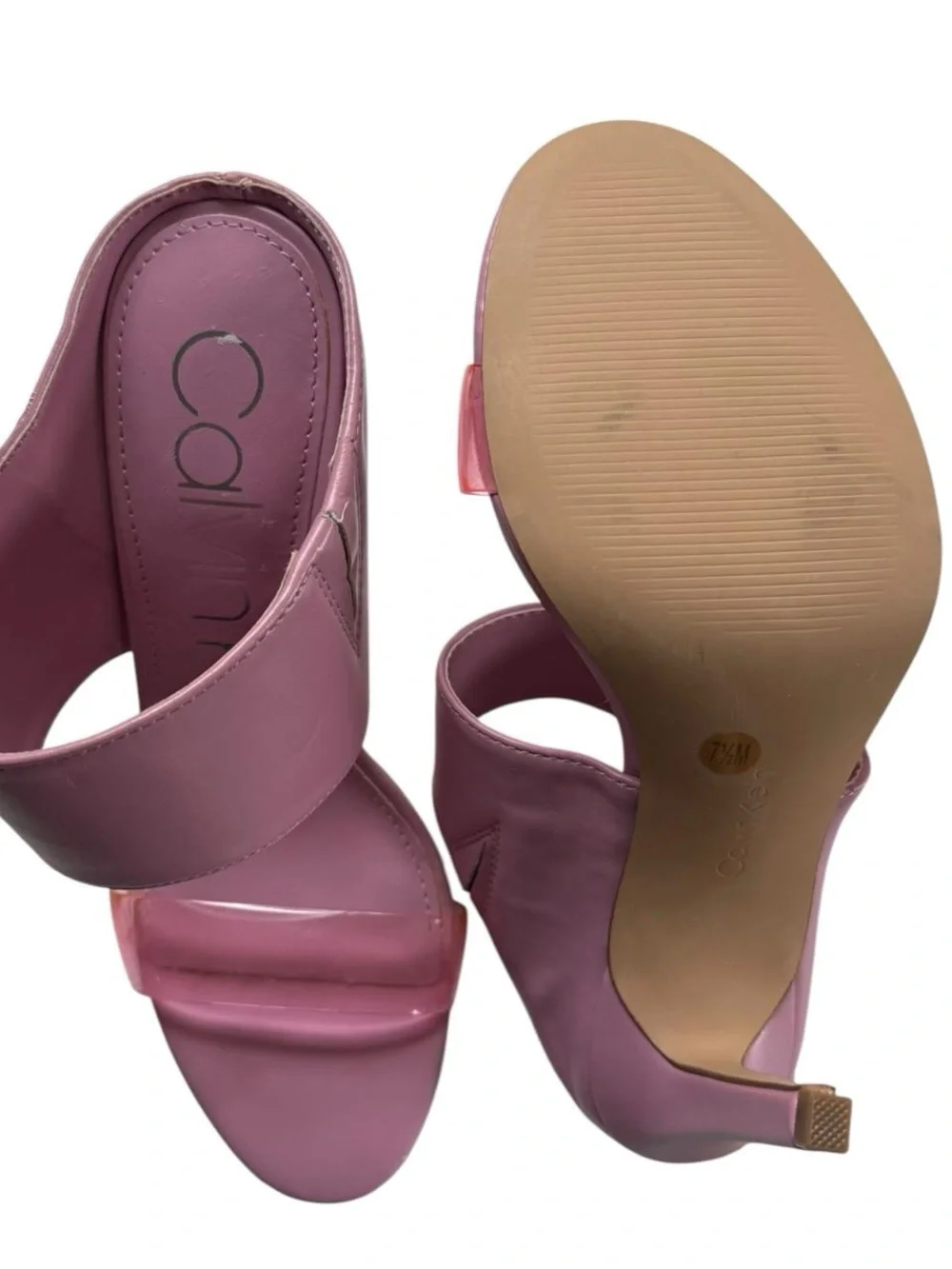 Calvin Klein Women Two Strap Heel Sandals Mauve Clear Strap Size 7.5