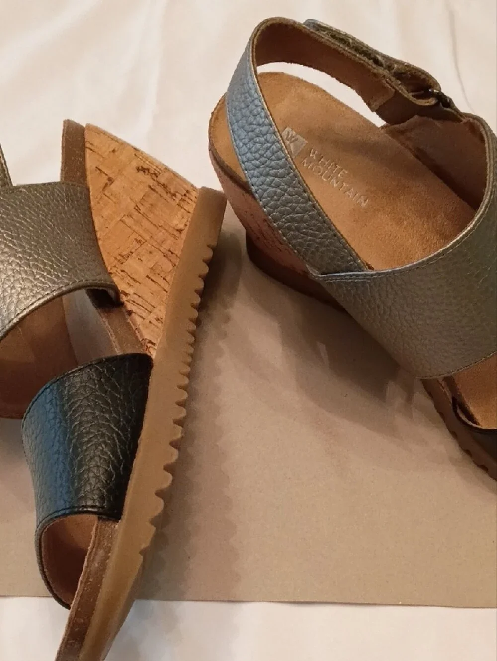 White Mountain Gray and Black Leather Slingback Sandals