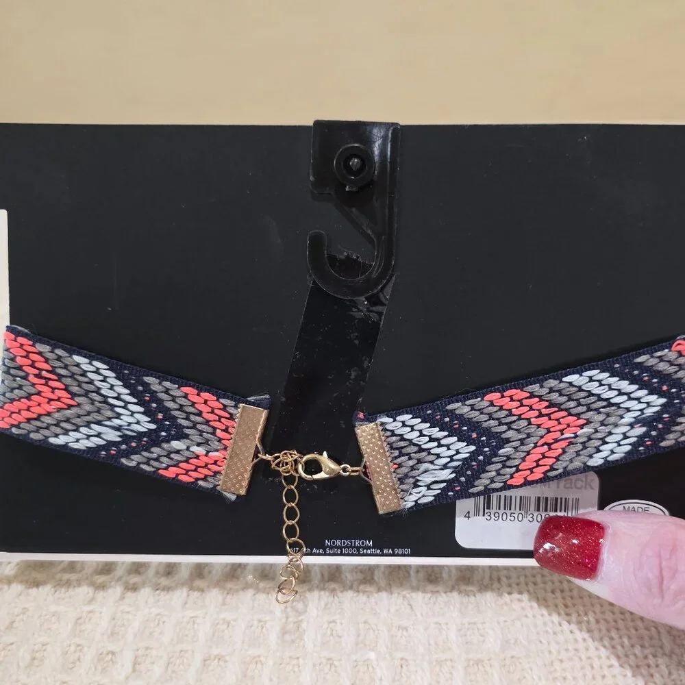 NWT free press Pink Grey Woven Tribal Boho Chic Colorful Fringe Choker Necklace