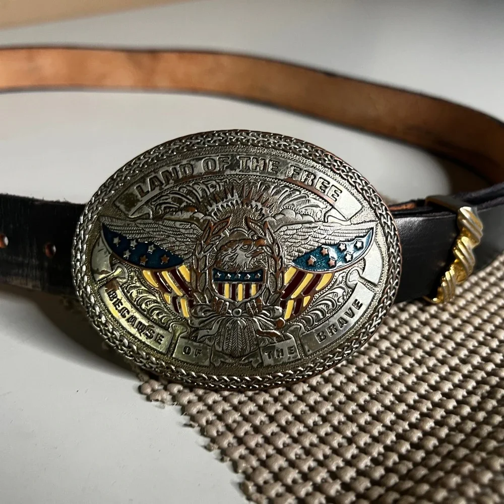 Nocona Buckles Eagle Land of the Free Black Leather Western Belt Americana