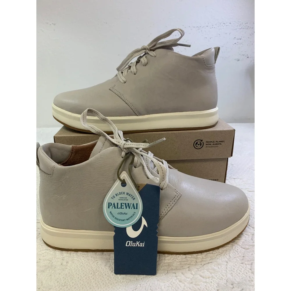 OluKai Wao Palewai Women 10 Cloudy Gray Water Resistant Leather Sneakers‎ 20500
