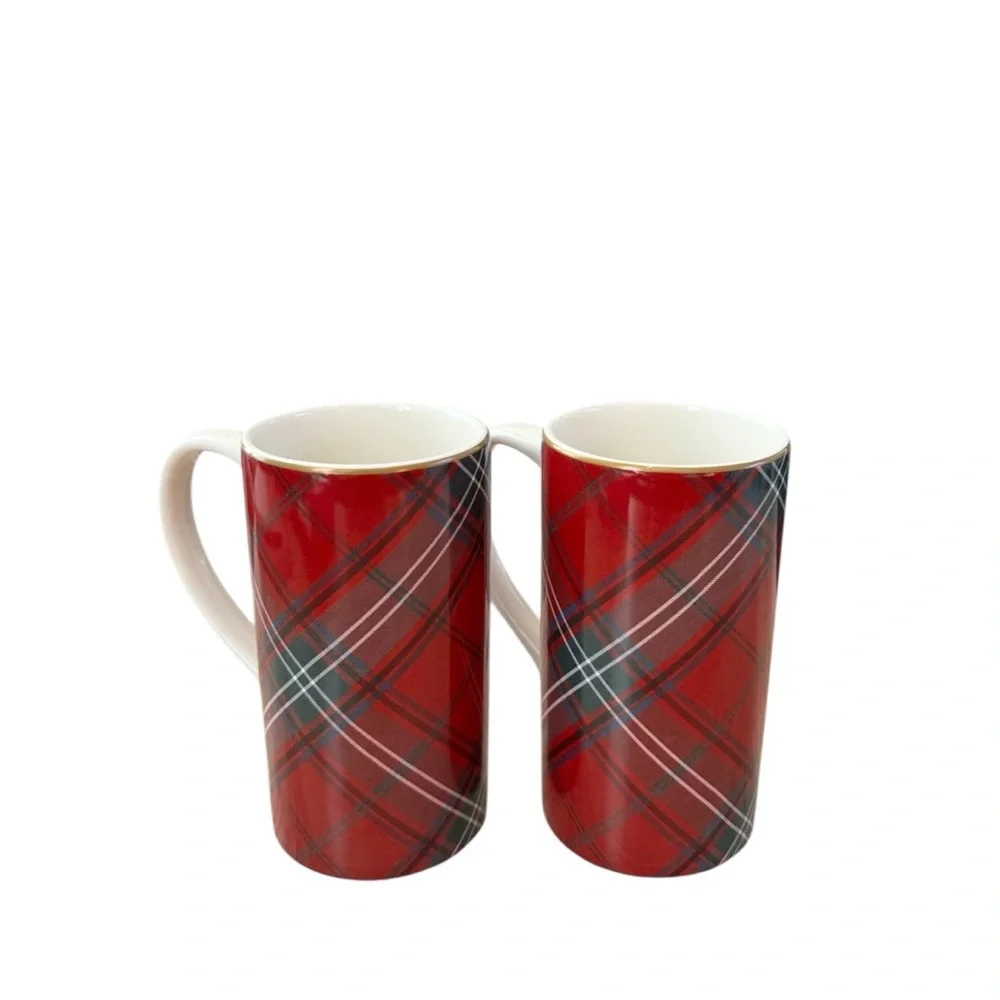 2 x Williams‎ Sonoma Red Green Tartan Plaid 6” Tall Coffee Hot Cocoa Mugs