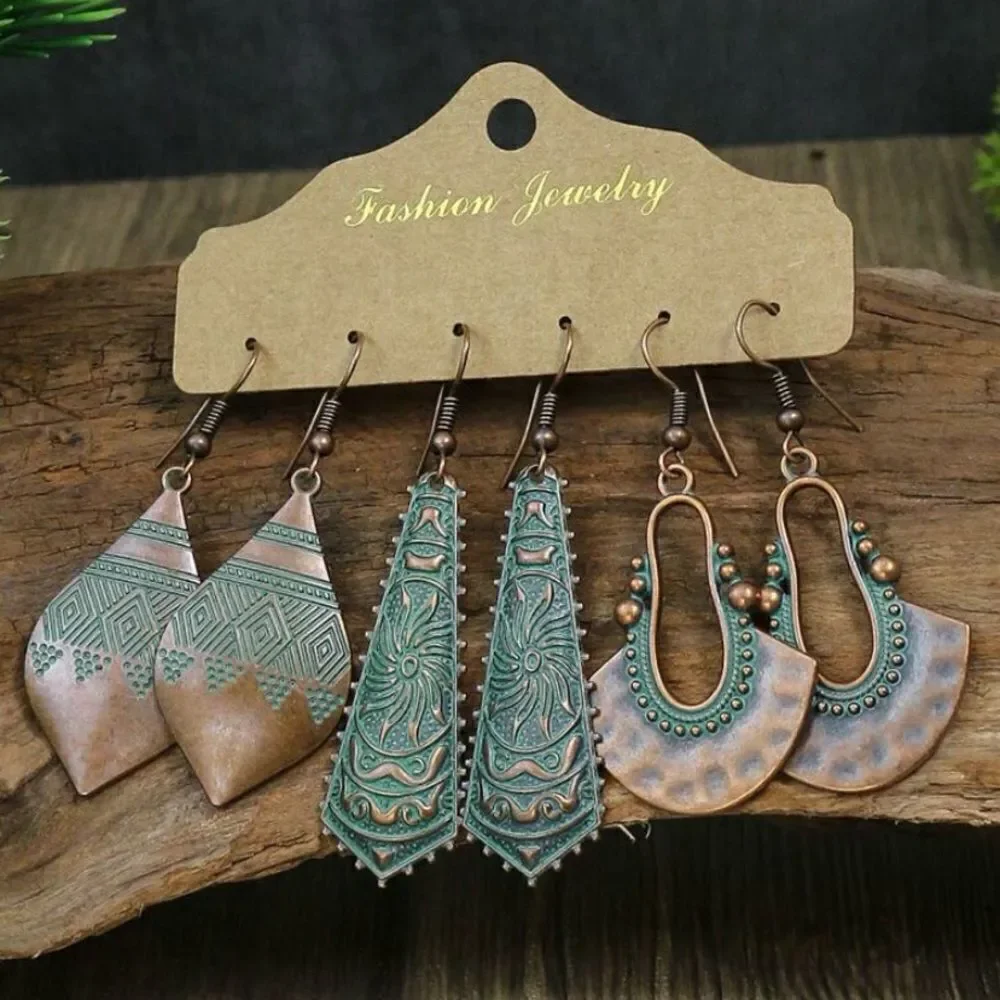 🤎🆕 🩵  3 Pair Boho Ancient Bronze Turquoise Vintage Inspired Earrings Set ✨