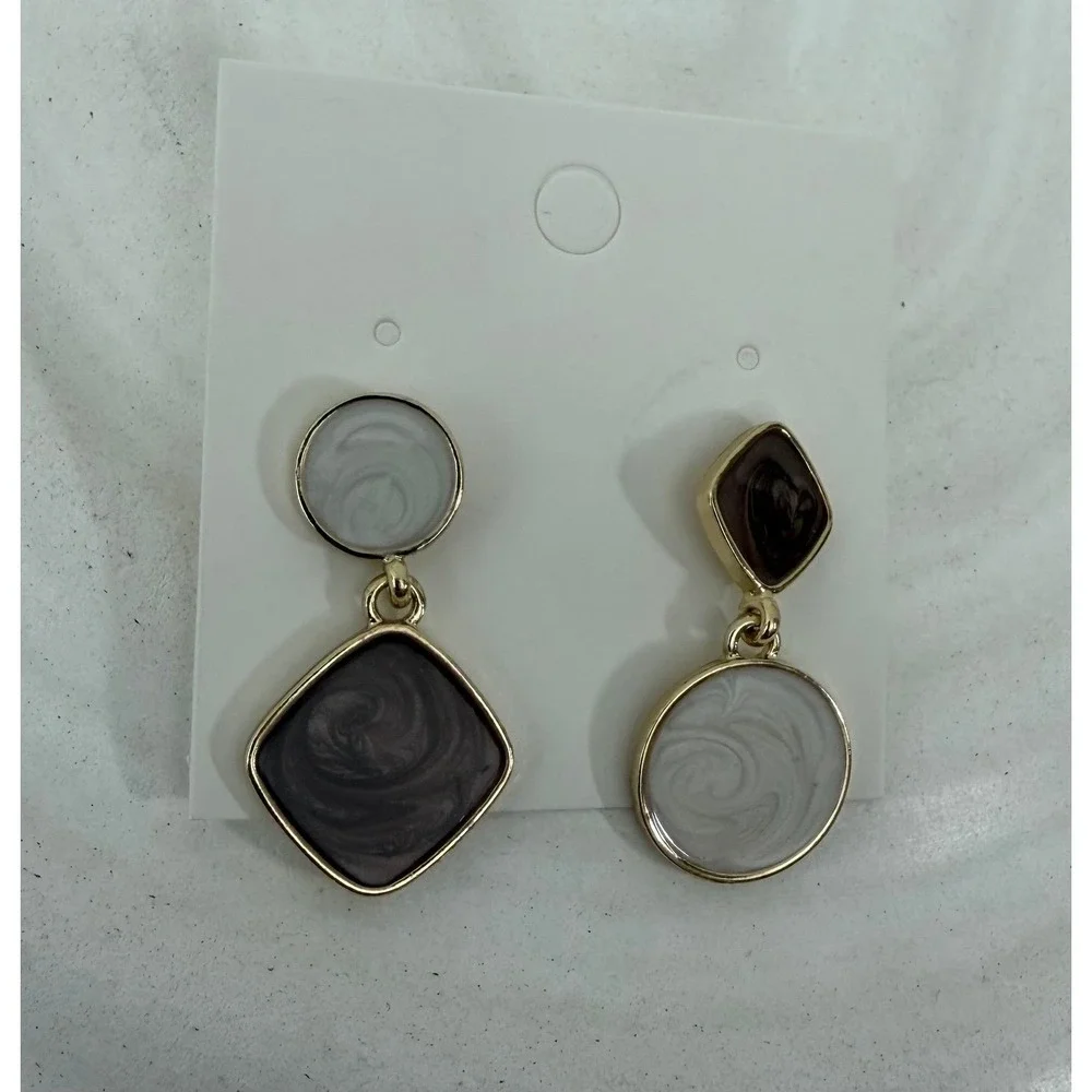Geometric Enamel Drop Earrings Brown Ivory Gold Tone Statement New