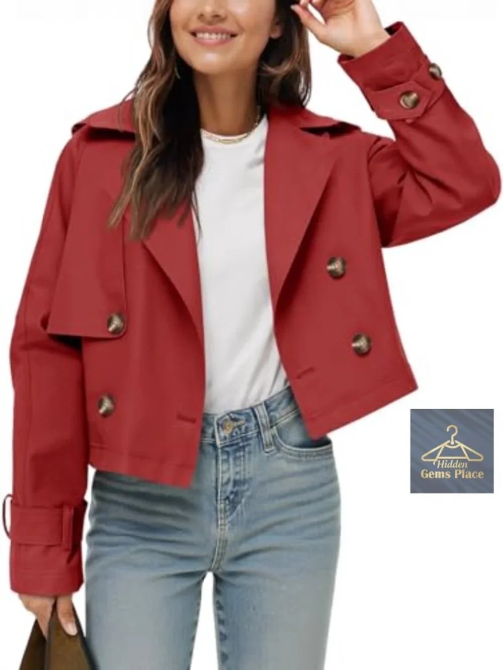 Womens Cropped Trench Coat Lapel Double Breasted Short Jacket