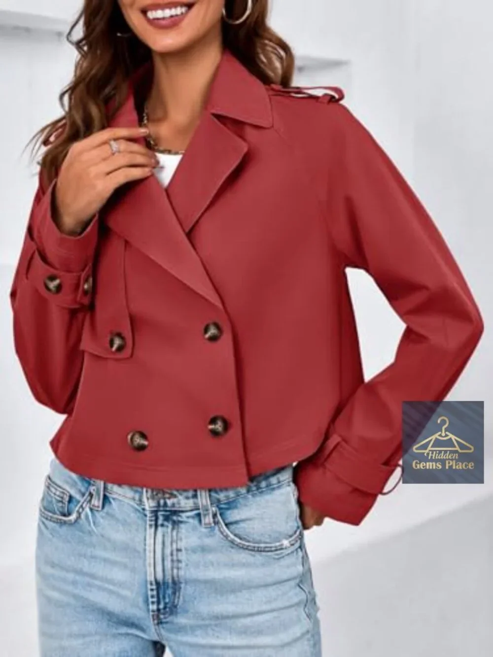 Womens Cropped Trench Coat Lapel Double Breasted Short Jacket