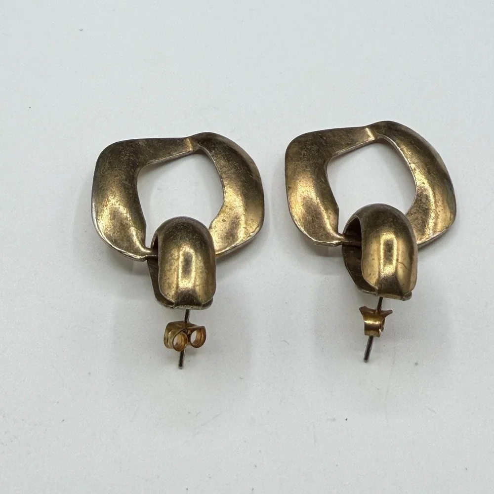 Gold Tone Geometric Door Knocker Dangle Earrings Chunky Statement Pierced Pair