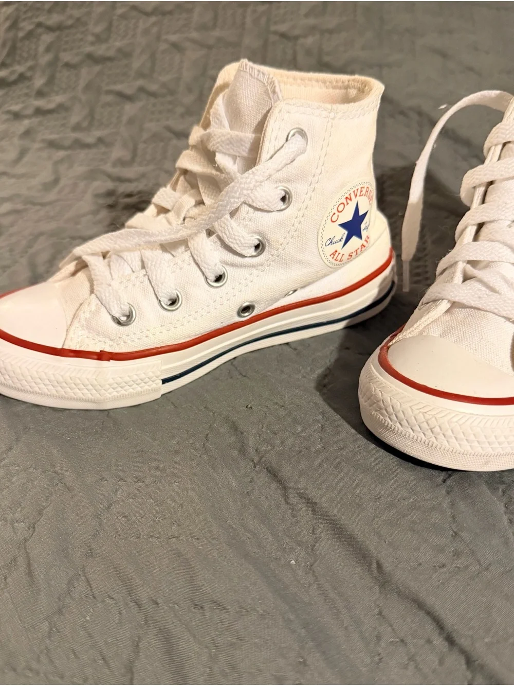 Converse Kids White High Top Sneakers with Red & Blue Trim 11c