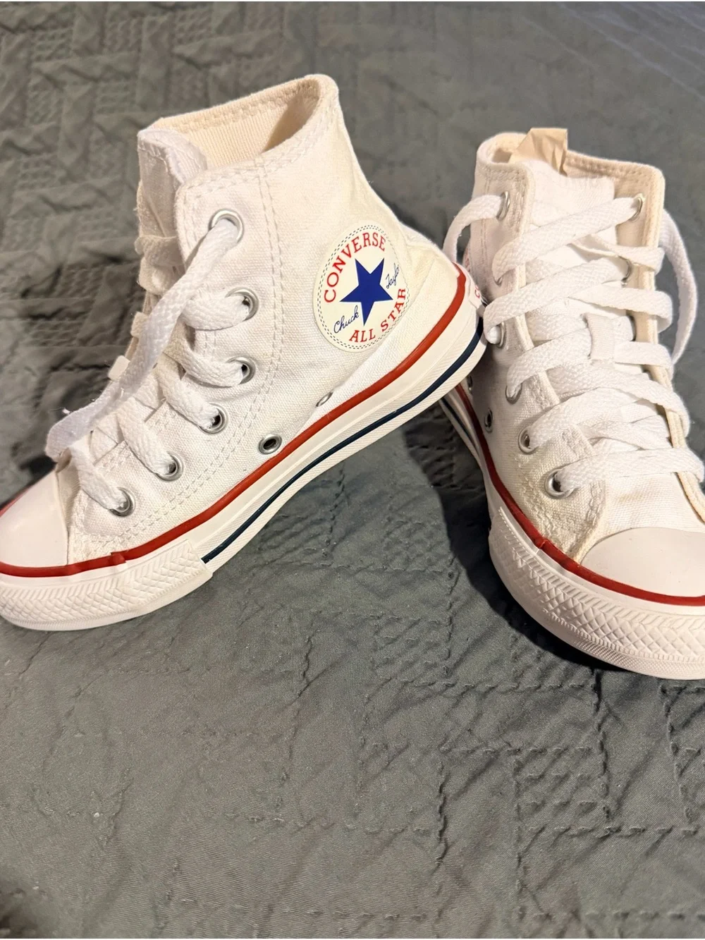 Converse Kids White High Top Sneakers with Red & Blue Trim 11c