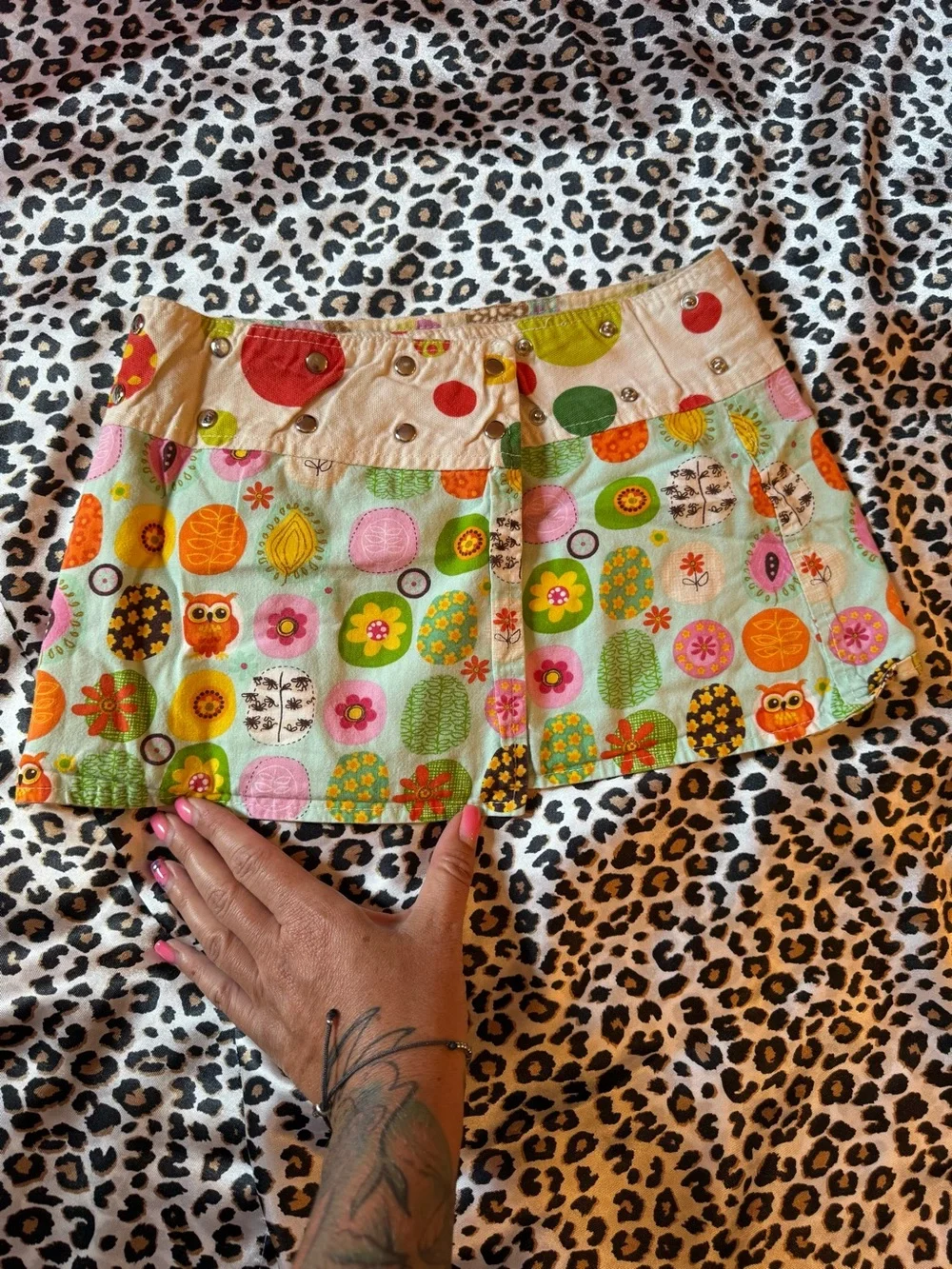 Colorful Owl & Floral Print Mini Skirt in Mint Green