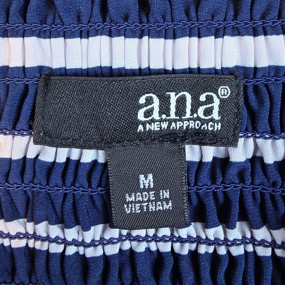 ana A New Approach Navy Blue White Striped Smocked Midi Sundress Womens Medium