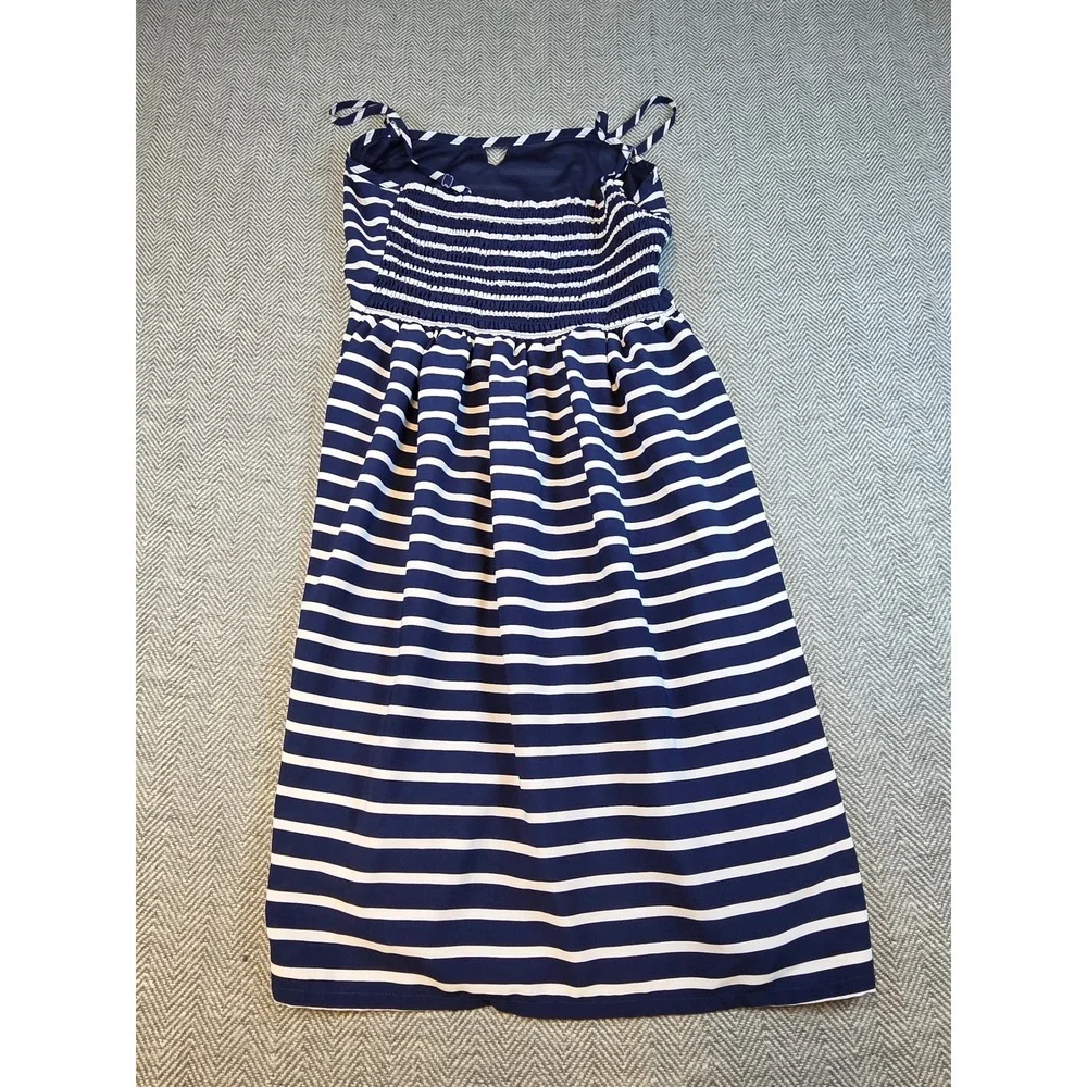 ana A New Approach Navy Blue White Striped Smocked Midi Sundress Womens Medium