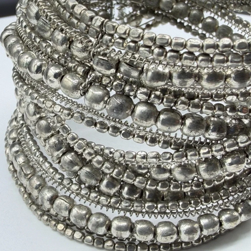 Silver Tone Multi Strand Beaded Wire Cuff Bracelet Boho Statement Festival Gift