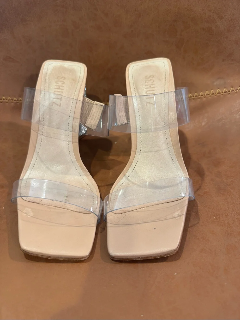 SCHUTZ Nude Clear Strap Rhinestone Block Heel Sandals