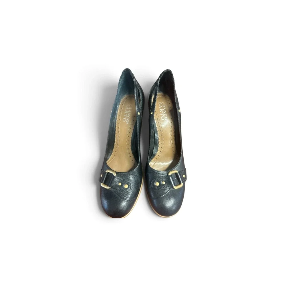 Franco Sarto Black Leather Buckle Block Heel Pumps Round Toe Womens 8.5 M