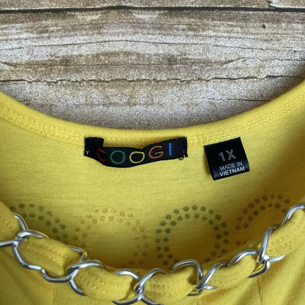 Coogi Bright Yellow Sundress With Ruffle & Chain Accent - Size 1X - Rhinestones