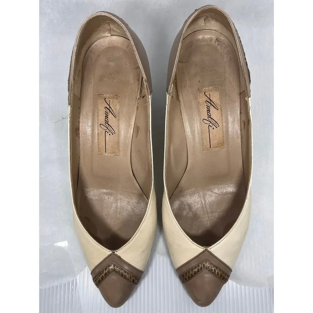 Amalfi Italian Leather Cream and Tan Pumps with Snakeskin Design Size 6.5