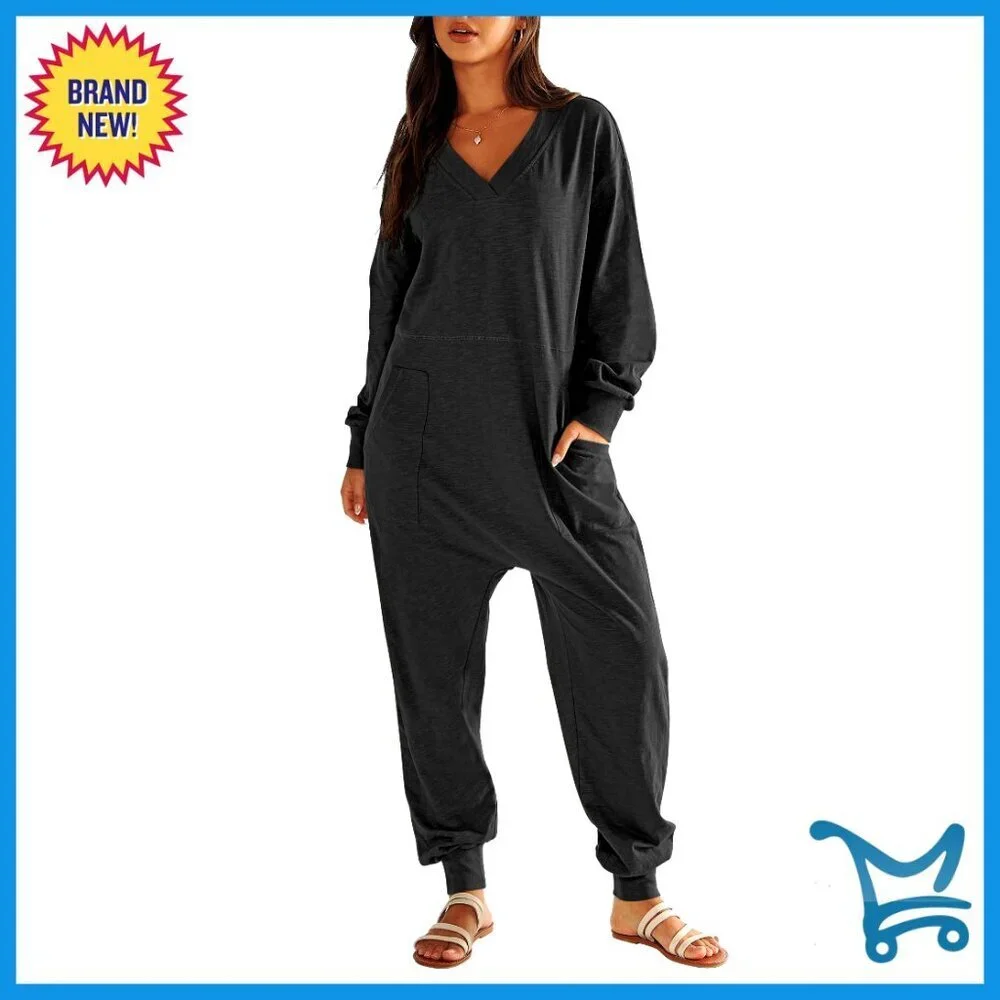 Long Sleeve Loose Fit Jumpsuit V-Neck Lounge Pajamas Casual Romper Rayon