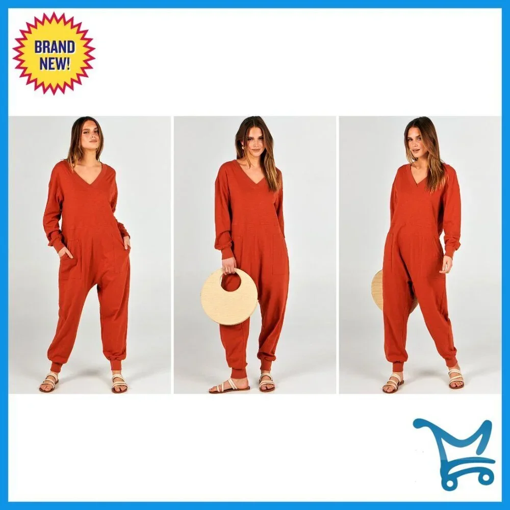 Long Sleeve Loose Fit Jumpsuit V-Neck Lounge Pajamas Casual Romper Rayon