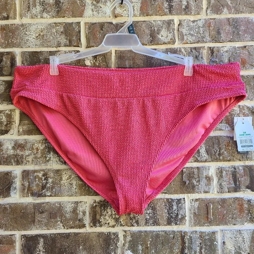 Time and Tru Women's Plus Crinkle Texture Bikini Swim Bottom Pink Size 3X