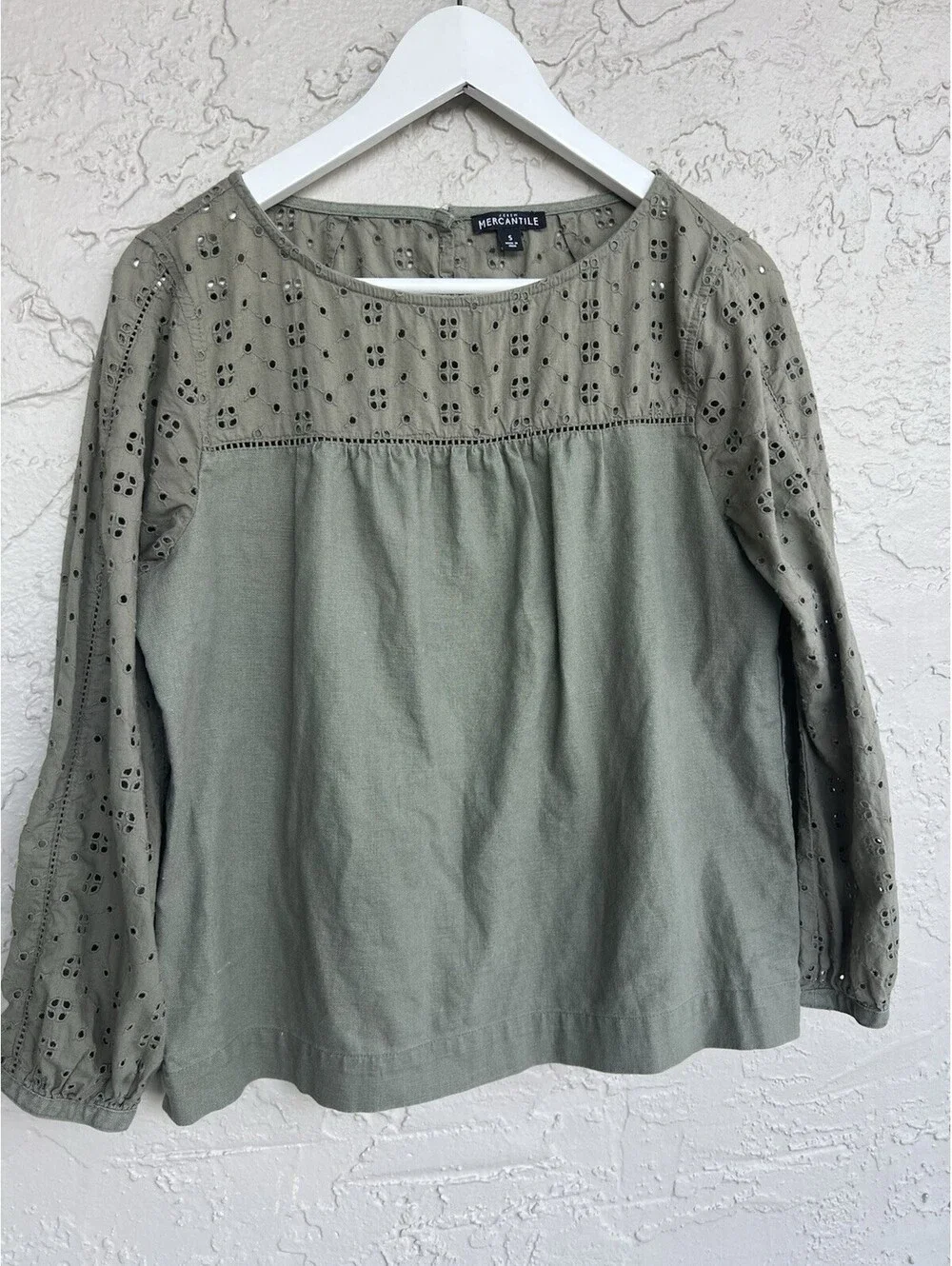 EUC! J.Crew Mercantile Olive Green Line Blend Eyelet Long Sleeves Shirt Women S