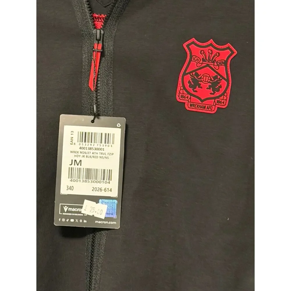 Macron Wrexham AFC Travel Full Zip Hoodie Black Red Junior M NWT 024