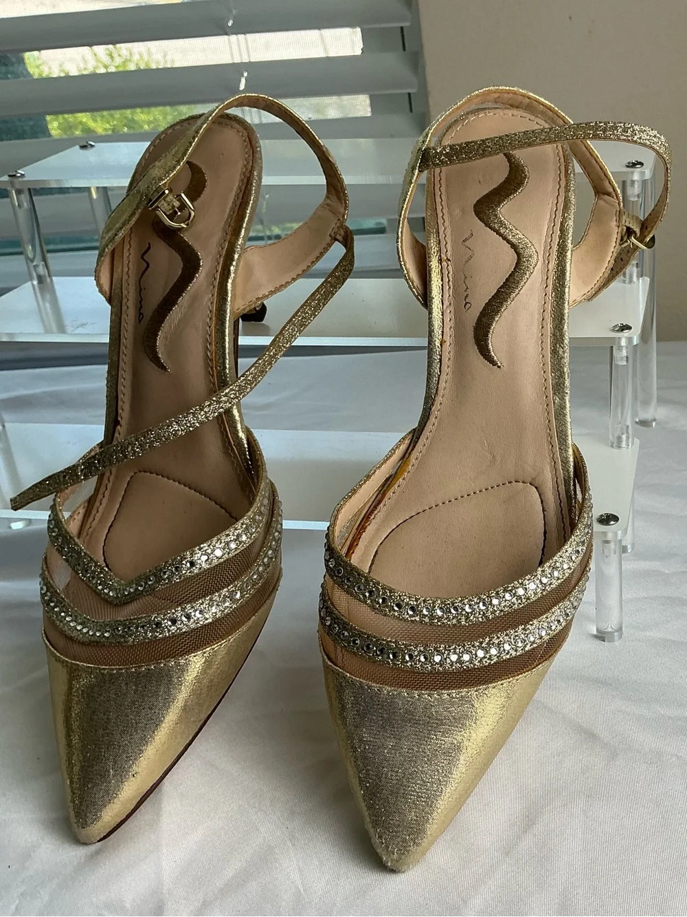 Nina Gold Rhinestone Slingback Kitten Heel Pointed Toe Pumps