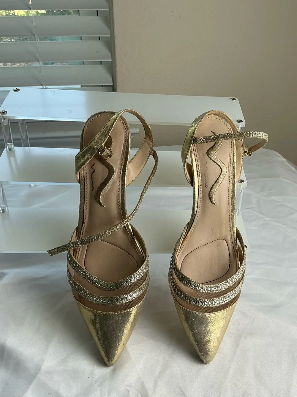 Nina Gold Rhinestone Slingback Kitten Heel Pointed Toe Pumps