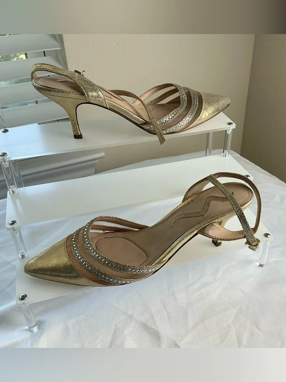 Nina Gold Rhinestone Slingback Kitten Heel Pointed Toe Pumps