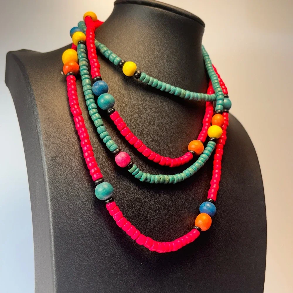 Wooden Bead Necklace Set Multicolor Tassel Boho Statement Layered 3pcs