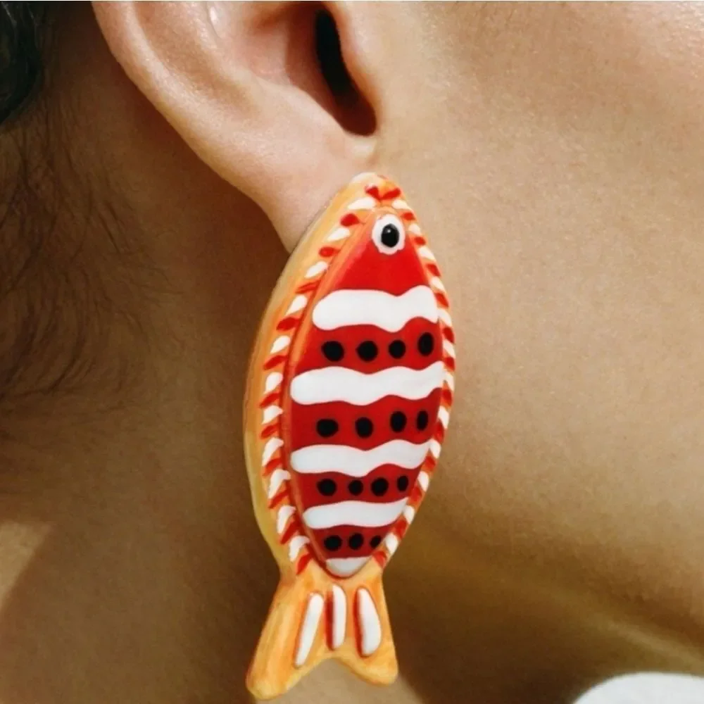 New! Zara Orange Striped Fish Coi Gold Fish Statement Earrings • NWOT