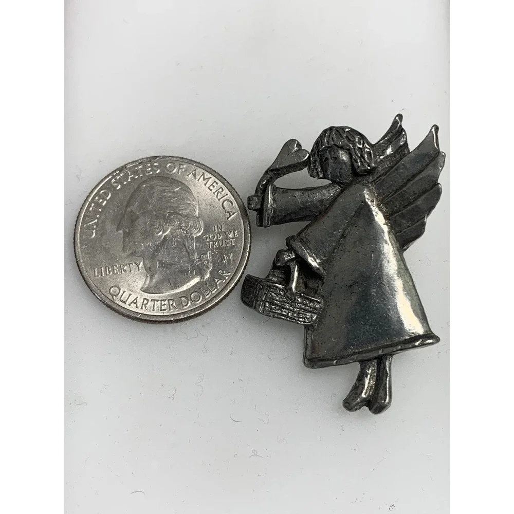 Vintage 1996 Barker Genuine USA Pewter Angel Heart Basket Lapel Pin 4525