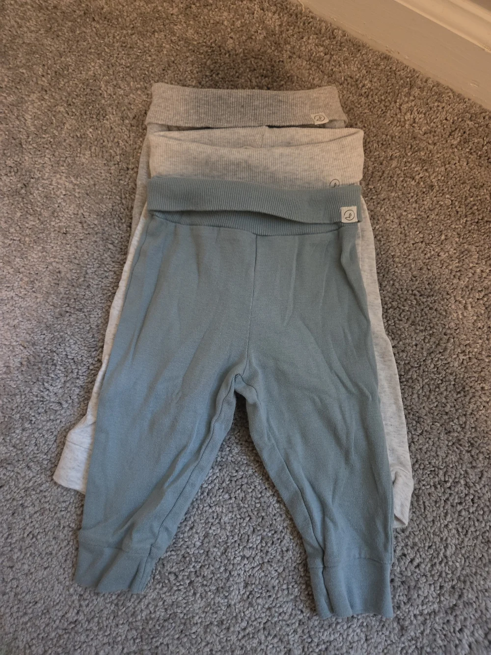 Ribbed Teal and Light Gray Leggings - Fold-Over Waist Baby Boy 9M 3pk