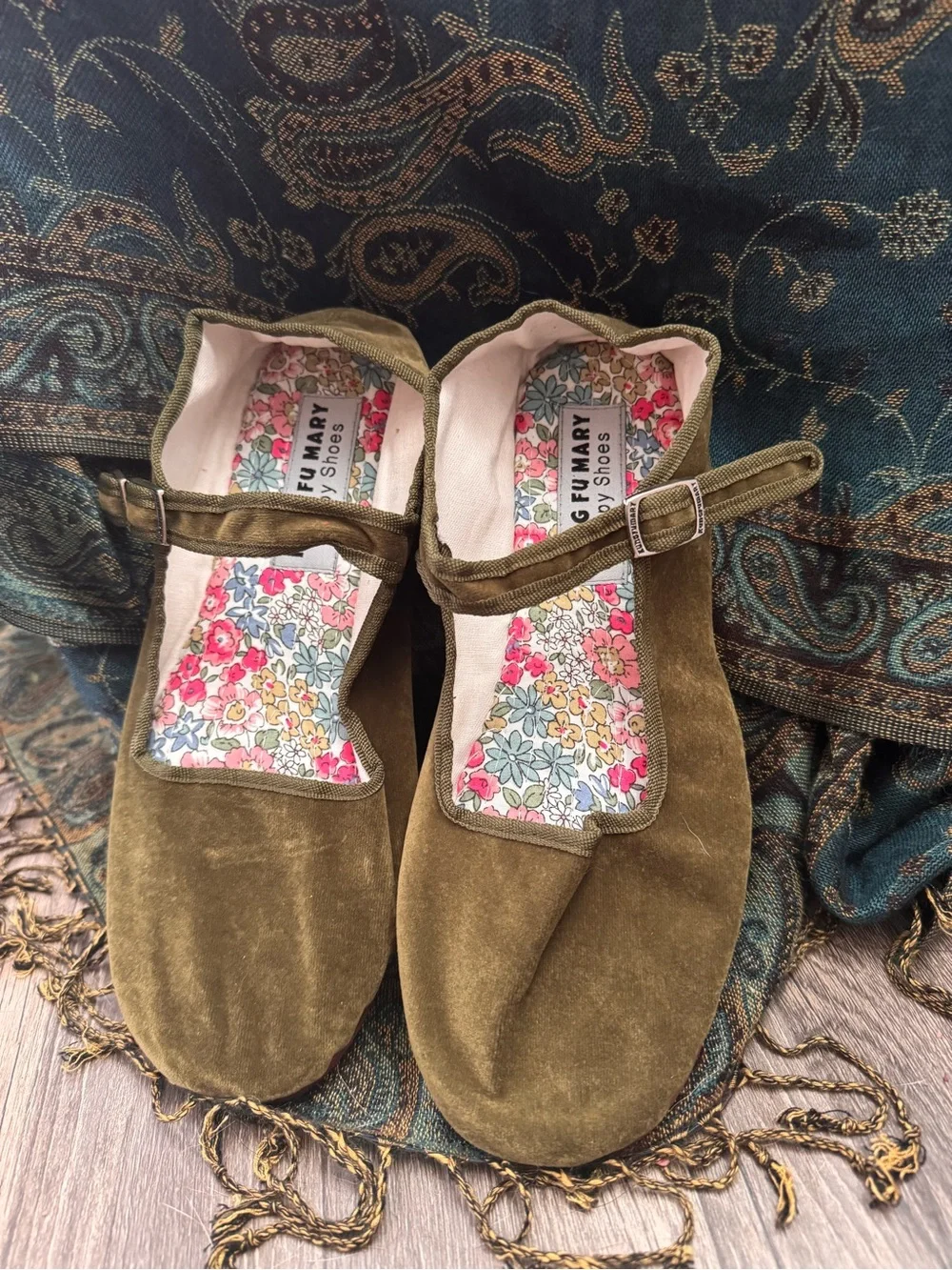 Kung Fu Mary - Olive Green Velvet Mary Jane Flats
